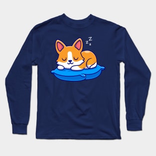 Cute Corgi Dog Sleeping On Pillow Cartoon Long Sleeve T-Shirt